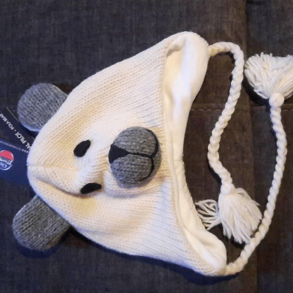Polar Bear Wool Knit Hat Ear Flap Braided Ties Youth Teen Tween NWT Cute Warm